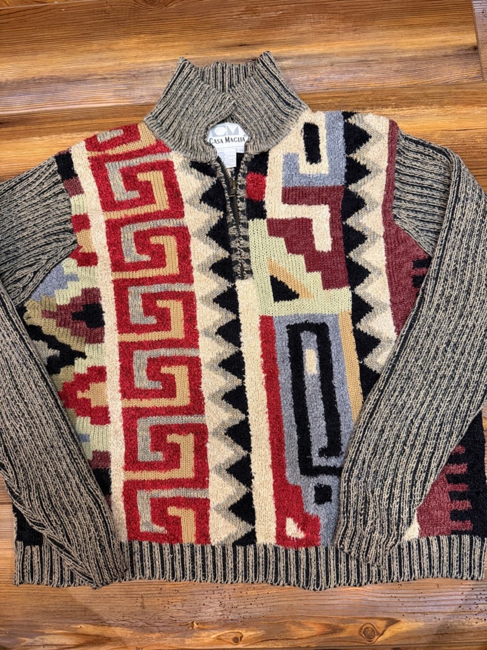 Casa Macia Southwestern Knit Sweater Zip Mock Neck Unisex Size M